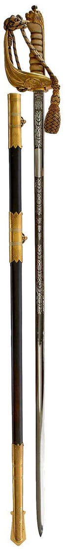 A GOOD GVIR NAVAL OFFICER'S SWORD,: A GOOD GVIR NAVAL OFFICER'S SWORD, 77.75cm slender clean blade by Wilkinson, etched with scrolling oak leaves and acorns, maker's panel, crowned GVIR cypher and crowned fouled anchor, regulation gilt