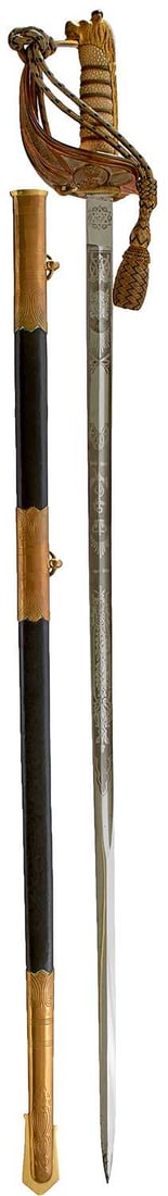 AN EIIR NAVAL OFFICER'S SWORD: AN EIIR NAVAL OFFICER'S SWORD 79cm clean blade by Gieves, etched with scrolling oak leaves and acorns, maker's panel, crowned EIIR cypher and crowned fouled anchor, regulation gilt brass gothic hilt i