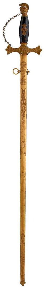 AN AMERICAN SOCIETY SWORD,: AN AMERICAN SOCIETY SWORD, 76cm flattened diamond section blade etched with scrolling foliage and owner's name F. Wm. Sanders, De Molay Commandery KT, maker's panel for Boston Regalia, characteristic 