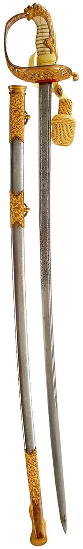 A LATE 19TH OR EARLY 20TH CENTURY ARGENTINIAN ADMIRALS SWORD,: A LATE 19TH OR EARLY 20TH CENTURY ARGENTINIAN ADMIRALS SWORD, 80cm double fullered blade etched with scrolling foliage, a stand of arms and the coat of arms of Argentina, regulation gilt brass hilt pi
