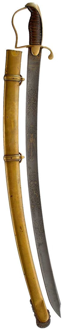A 19TH CENTURY BELGIAN NAVAL CADET'S SWORD,: A 19TH CENTURY BELGIAN NAVAL CADET'S SWORD, 60.5cm curved damascus blade with clipped back tip, etched with scrolling foliage and stands of arms, traces of original gilt finish, regulation brass stirr