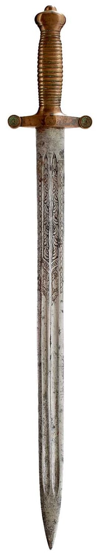 A 19TH CENTURY CONTINENTAL SIDEARM,: A 19TH CENTURY CONTINENTAL SIDEARM, 50cm double fullered blade finely etched with scrolling foliage and stands of arms, regulation brass gladius hilt with ribbed grip.