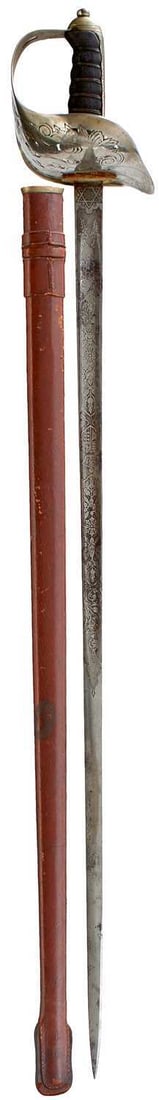 AN 1897 PATTERN INFANTRY OFFICER'S PRESENTATION SWORD TO THE ROYAL WELCH FUSILIERS,: AN 1897 PATTERN INFANTRY OFFICER'S PRESENTATION SWORD TO THE ROYAL WELCH FUSILIERS, 82.5cm fullered blade by Hawksworth of Sheffield, profusely etched with the flowers of the union, crowned Royal arms