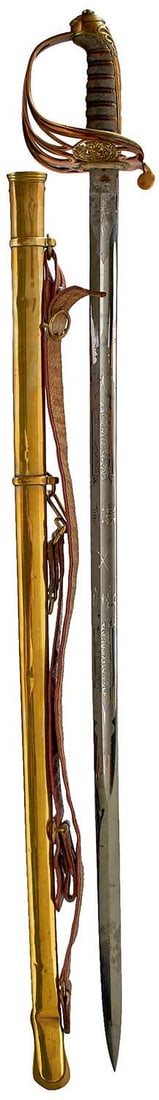 AN 1822 PATTERN GENERAL OFFICER'S SWORD,: AN 1822 PATTERN GENERAL OFFICER'S SWORD, 82cm clean fullered blade etched with scrolling foliage, crowned VR cypher and crossed sword and baton, regulation pierced brass gothic hilt incorporating a cr