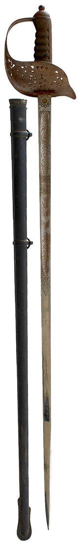 OF JERSEY INTEREST: AN 1897 PATTERN INFANTRY OFFICER'S SWORD,: OF JERSEY INTEREST: AN 1897 PATTERN INFANTRY OFFICER'S SWORD, 82.5cm fullered blade etched with scrolling foliage, crowned EVIIR cypher, crowned Royal arms and maker's panel for De Cruchi & Co. St