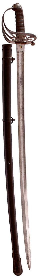AN 1822 PATTERN GLOUCESTER RIFLE VOLUNTEERS OFFICER'S SWORD,: AN 1822 PATTERN GLOUCESTER RIFLE VOLUNTEERS OFFICER'S SWORD, 8cm fullered blade decorated with laurel wreaths, crowned strung bugle horn, crowned regimental title and the owner's crest, maker's panel 