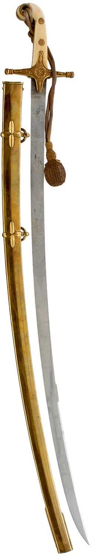 OF INDIAN ARMY INTEREST - THE 1831 PATTERN GENERAL OFFICER'S MAMELUKE TO LIEUTENANT GENERAL: OF INDIAN ARMY INTEREST - THE 1831 PATTERN GENERAL OFFICER'S MAMELUKE TO LIEUTENANT GENERAL FAULKNOR, 83cm curved clipped back blade etched with scrolling foliage, crowned VR cypher, laurel wreaths, c