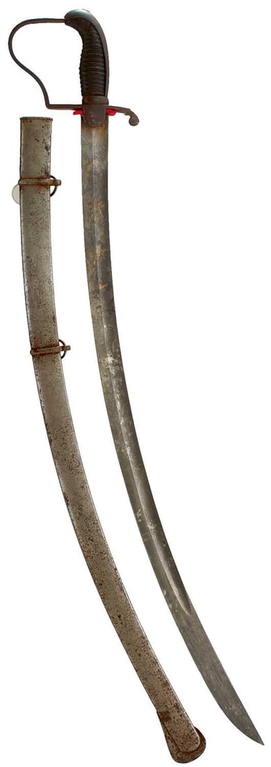 A 19TH CENTURY GERMAN CAVALRY OFFICER'S SABRE,: A 19TH CENTURY GERMAN CAVALRY OFFICER'S SABRE, 83.5cm curved fullered blade decorated with stands of arms and laurel sprays and a partial maker's name and Solingen, all with traces of gilt highlights,