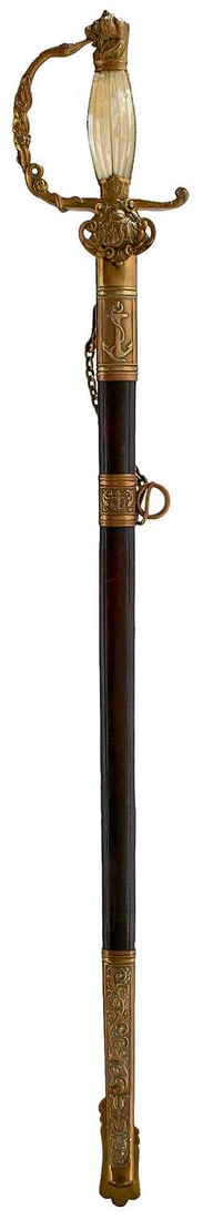 A 19TH CENTURY CONTINENTAL NAVAL SWORD,: A 19TH CENTURY CONTINENTAL NAVAL SWORD, 68.5cm plain fullered blade, ornate brass hilt, the shell guard decorated with a crowned cypher, D-shaped knuckle bow decorated with a sea serpent, lion's head 