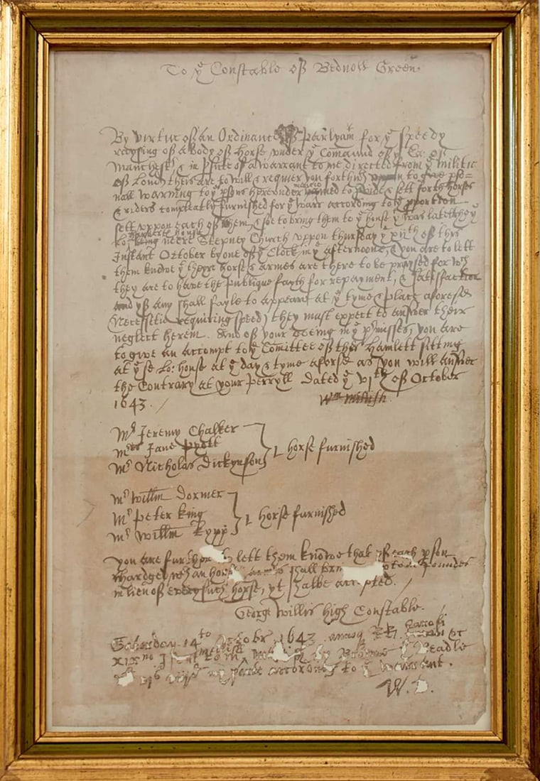 OF ENGLISH CIVIL WAR INTEREST - A LETTER TO THE CONSTABLES OF BEDNOSS GREEN, (1 of 6)