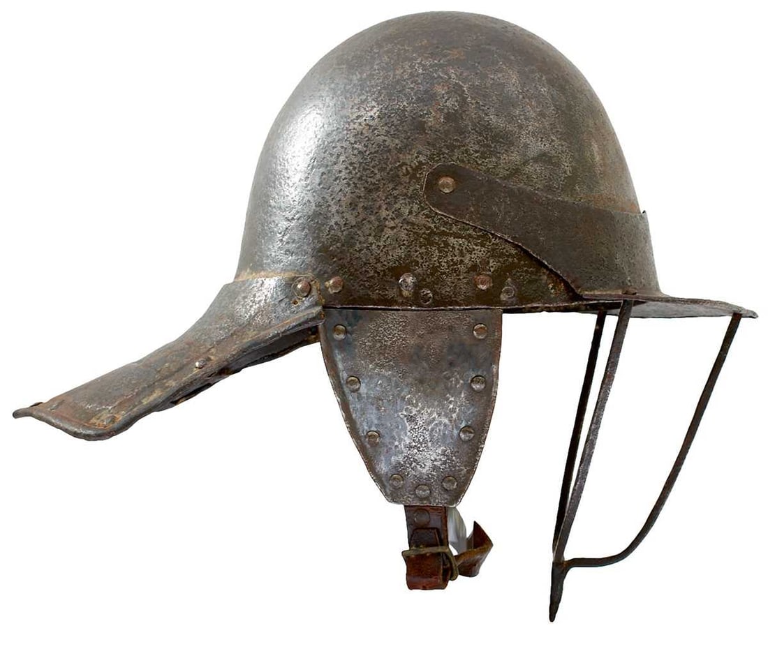 AN ENGLISH CIVIL WAR PERIOD HARQUEBUSIER'S OR CAVALRYMAN'S LOBSTER TAILED HELMET, (1 of 15)