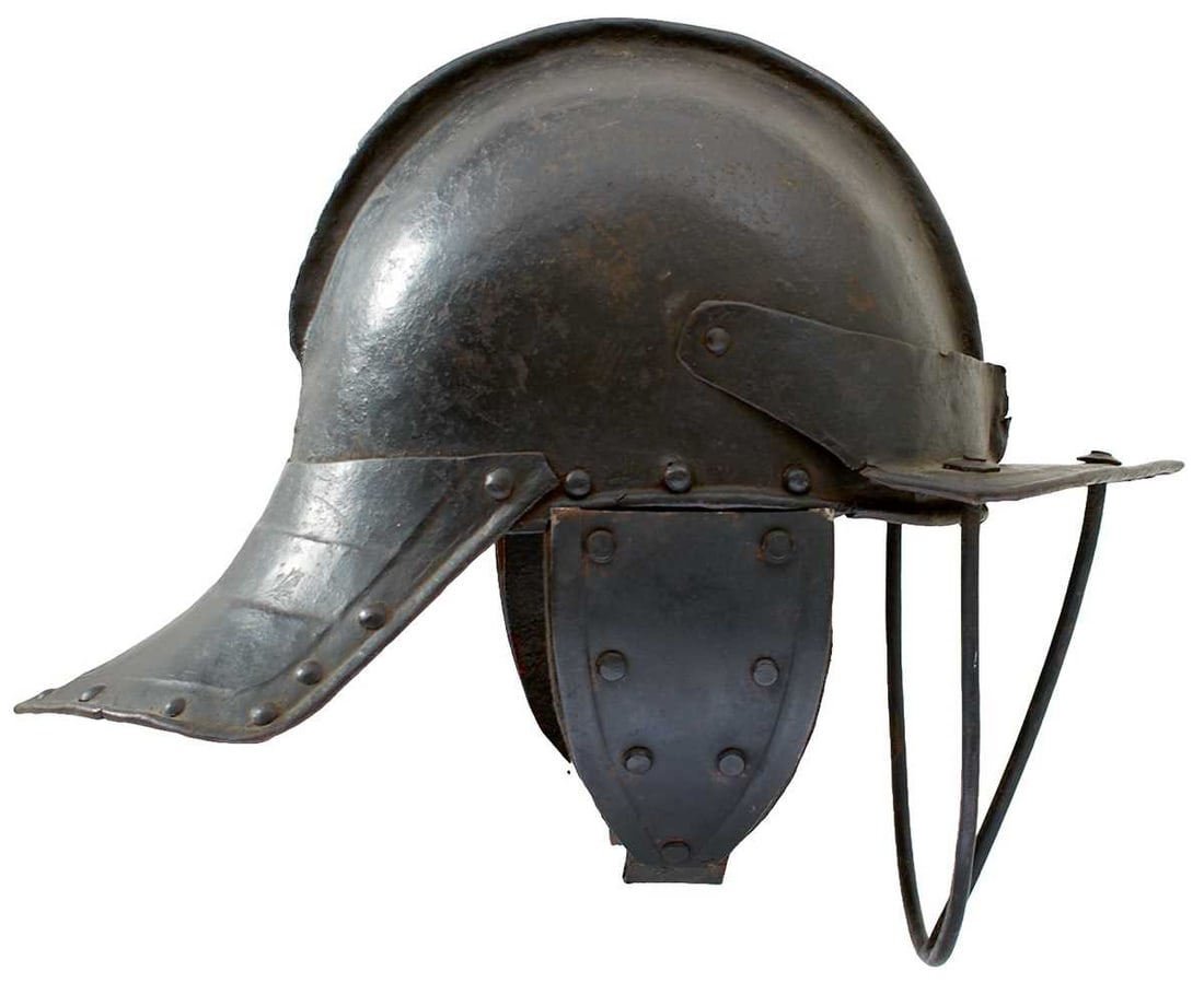 AN ENGLISH CIVIL WAR PERIOD HARQUEBUSIER'S OR CAVALRYMAN'S LOBSTER TAILED HELMET, (1 of 16)