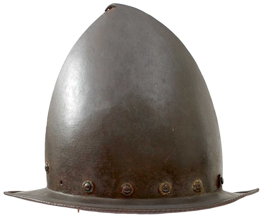 A 16TH CENTURY TALL MORION OR HELMET, (1 of 8)