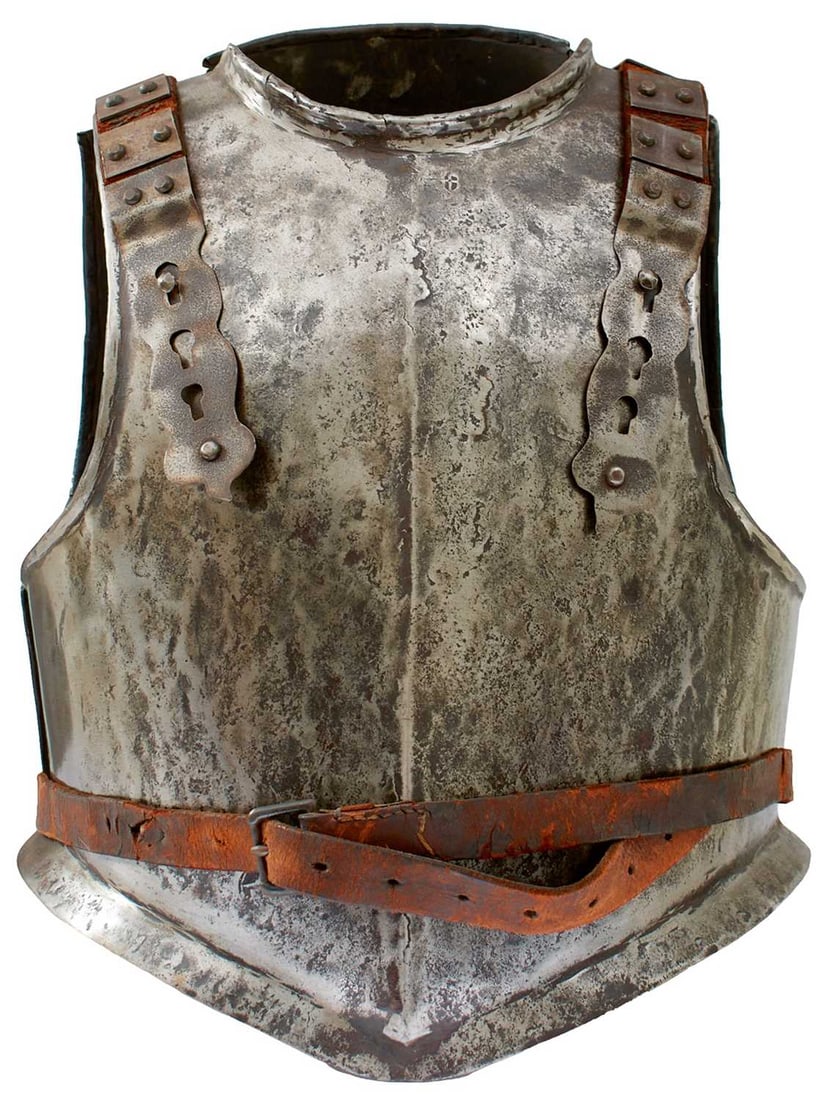 A 17TH CENTURY ENGLISH CIVIL WAR PERIOD HARQUEBUSIER'S BREAST AND BACKPLATE,: A 17TH CENTURY ENGLISH CIVIL WAR PERIOD HARQUEBUSIER'S BREAST AND BACKPLATE, the heavy proofed body with raised medial ridge drawn down to a point, shallow flared skirt, turned neck and arm apertures,