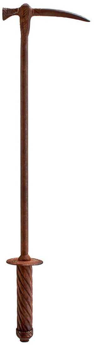 A GERMAN HORSEMAN'S HAMMER IN THE LATE 16TH CENTURY SAXON STYLE,: A GERMAN HORSEMAN'S HAMMER IN THE LATE 16TH CENTURY SAXON STYLE, the single piece head and haft with short stub hammer and elongated down turned fluke, incised chevron decoration, plain haft with flar