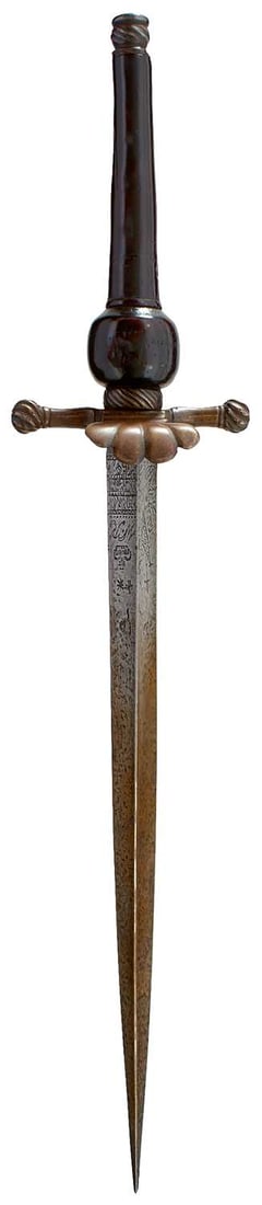 A FINE RARE 17TH CENTURY OFFICERS PLUG BAYONET DATED 1691,: A FINE RARE 17TH CENTURY OFFICERS PLUG BAYONET DATED 1691, 25.25cmtriangular section blade decorated with a stand of arms over the initials WMR on one flat, a crowned W.R over GOD SAME KING WILLIAM AN