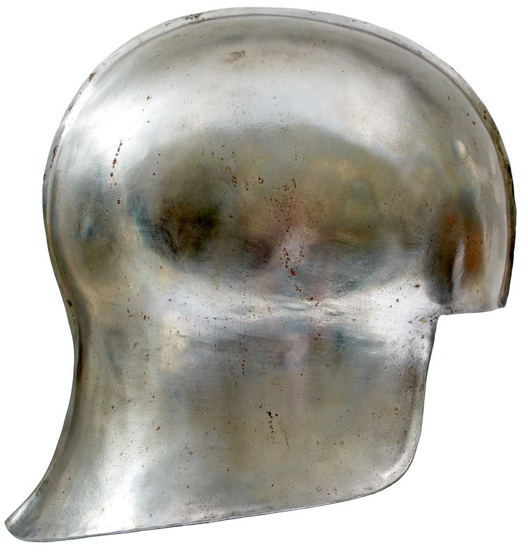 A GOOD COPY OF A MID 15TH CENTURY ITALIAN SALET OR HELMET,: A GOOD COPY OF A MID 15TH CENTURY ITALIAN SALET OR HELMET, the two-piece skull with shallow raised medial ridge, flared neck guard drawn out to a peak, open face, complete with liner and stand.