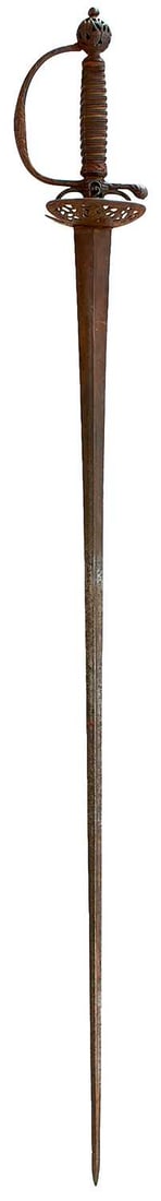 AN 18TH CENTURY ENGLISH STEEL HILTED SMALLSWORD,: AN 18TH CENTURY ENGLISH STEEL HILTED SMALLSWORD, 76.75cm triangular section incurved blade, characteristic hilt, the shell guard chiselled and pierced with stands of arms, the block, D-shaped knuckle