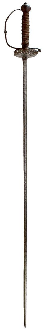 A 17TH CENTURY ENGLISH SMALLSWORD,: A 17TH CENTURY ENGLISH SMALLSWORD, 76.5cm triangular section incurved blade, characteristic hilt, the shell guard pierced and chiselled with foliate bands, plain block, the D-shaped knuckle bow with