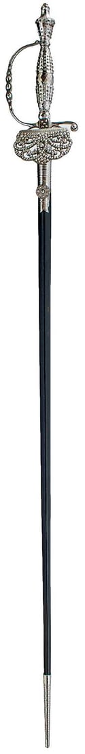 A GOOD CUT STEEL HILTED SMALLSWORD,: A GOOD CUT STEEL HILTED SMALLSWORD, 80cm clean, bright triangular section incurved blade etched with scrolling foliage, laurel wreath, a stand of arms and maker's panel for Poole, characteristic steel