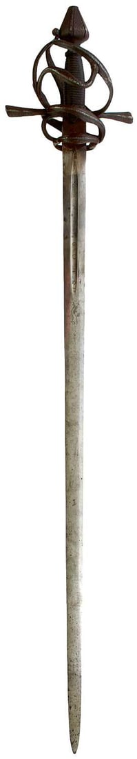 A 17TH CENTURY SWEPT HILT SWORD-RAPIER OF THE AMSTERDAM TOWN GUARD,: A 17TH CENTURY SWEPT HILT SWORD-RAPIER OF THE AMSTERDAM TOWN GUARD, 96cm broadsword blade incised in the short central fullers SAHAGOM to either side, struck with the XXX Amsterdam mark and with a