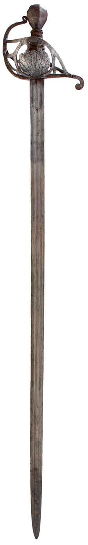 A RARE EARLY 17TH CENTURY ENGLISH HALF-BASKET HILTED MILITARY BACKSWORD,: A RARE EARLY 17TH CENTURY ENGLISH HALF-BASKET HILTED MILITARY BACKSWORD, .105.5cm double fullered blade partially incised to one side and struck with a latten filled cross on either side of the