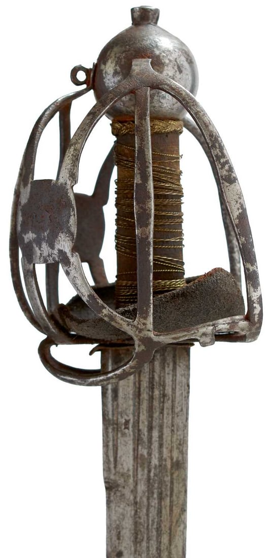 A 17TH CENTURY IRISH BASKET HILTED BACK SWORD,: A 17TH CENTURY IRISH BASKET HILTED BACK SWORD, 81cm quadruple fullered blade stamped ANDREA FERARA to either side, further struck with a maker's or armour stamp to either side of the forte,