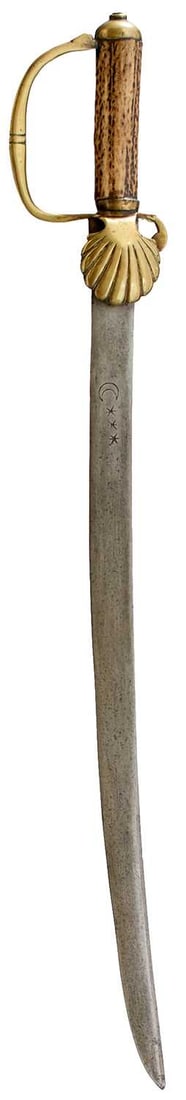 A CHARLES II PERIOD INFANTRY HANGER,: A CHARLES II PERIOD INFANTRY HANGER, 51cm curved blade incised with the crescent moon and three stars maker's mark of Thomas Squire, regulation brass hilt with shell guard and D-shaped knuckle bow, po