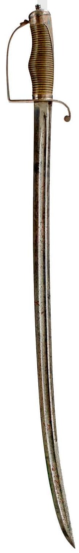 A GEORGIAN OFFICER'S HANGER,: A GEORGIAN OFFICER'S HANGER, 65.5cm double fullered curved blade with clipped back tip, characteristic plated hilt with D-shaped knuckle guard, ribbed wire bound horn grip. Probably for a naval