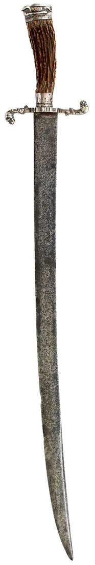 AN 18TH CENTURY SILVER HILTED HUNTING HANGER BY KNIGHT,: AN 18TH CENTURY SILVER HILTED HUNTING HANGER BY KNIGHT, 44cm curved blade struck with a maker's mark to either side, a crowned profile bust, characteristic silver mounted hilt, the recurved crossguard