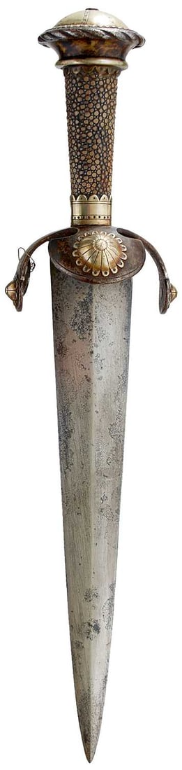 A SAXON DAGGER IN THE 16TH CENTURY STYLE,: A SAXON DAGGER IN THE 16TH CENTURY STYLE, 26.75cm flattened diamond section blade, characteristic hilt with downturned flat crossguard and shell fore guard, applied with domed white metal flowers,