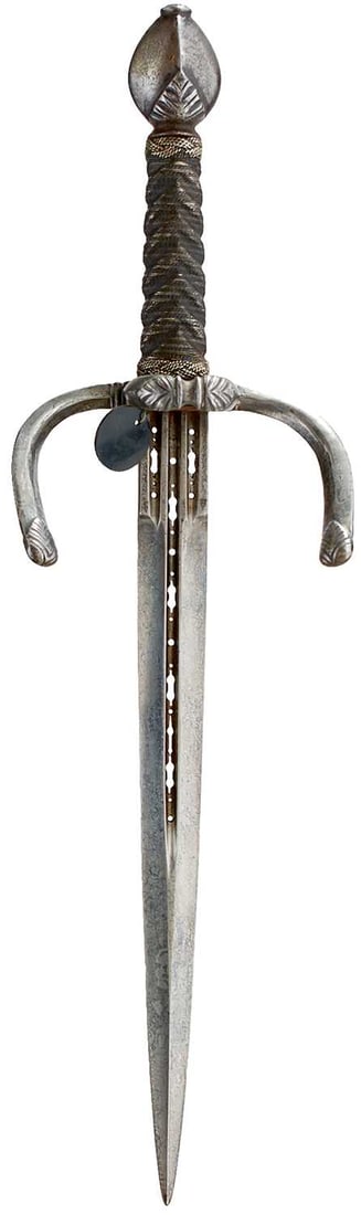 A NORTH EUROPEAN LEFT HAND DAGGER IN THE 17TH CENTURY STYLE,: A NORTH EUROPEAN LEFT HAND DAGGER IN THE 17TH CENTURY STYLE, 25.5cm flattened diamond section pierced fullered blade, characteristic hilt with downturned forward sweeping crossguard with leaf terminal