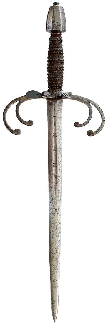 AN ITALIAN CRAB-CLAW LEFT HAND DAGGER IN THE LATE 16TH CENTURY STYLE,: AN ITALIAN CRAB-CLAW LEFT HAND DAGGER IN THE LATE 16TH CENTURY STYLE, 35cm flattened diamond section blade incised ININI in the central fullers, characteristic hilt with downturned branch quillons and