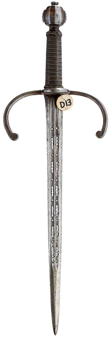 A COMPOSITE NORTH EUROPEAN LEFT HAND DAGGER IN THE 17TH CENTURY MANNER,: A COMPOSITE NORTH EUROPEAN LEFT HAND DAGGER IN THE 17TH CENTURY MANNER, 29.75cm flattened diamond section pierced double fullered blade, characteristic hilt with long drooping forward sweeping guard w