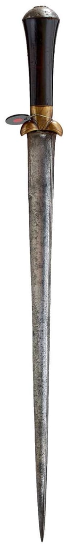 A BALLOCK DAGGER IN THE 16TH CENTURY STYLE,: A BALLOCK DAGGER IN THE 16TH CENTURY STYLE, 33.5cm T-section blade with hollow ground spine, characteristic hilt with brass guard, flared hardwood grip with domed iron cap secured with a foliate brass