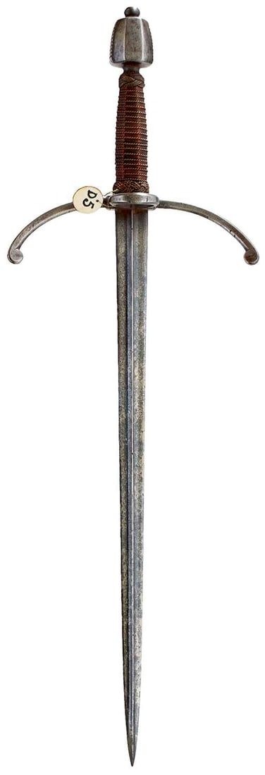 A NORTH EUROPEAN DAGGER IN THE 17TH CENTURY STYLE,: A NORTH EUROPEAN DAGGER IN THE 17TH CENTURY STYLE, 40.75cm cruciform blade incised with a mark at the forte, characteristic hilt with drooping forward sweeping crossguard with circular terminals, face