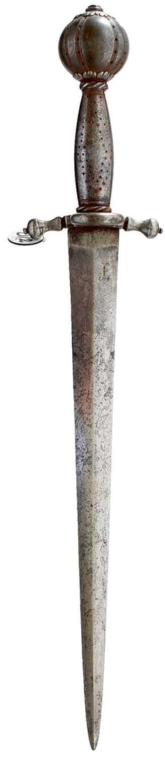 A SAXON DAGGER IN THE 16TH CENTURY STYLE,: A SAXON DAGGER IN THE 16TH CENTURY STYLE, 31cm flattened diamond section blade struck with a stylised anchor mar to one side of the forte, characteristic hilt with downturned lobed crossguard with sma
