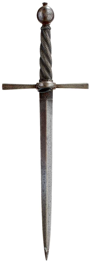AN ENGLISH DAGGER IN THE EARLY 17TH CENTURY STYLE,: AN ENGLISH DAGGER IN THE EARLY 17TH CENTURY STYLE, 25cm flattened diamond section blade, characteristic hilt with flared ovoid guard and small looping fore guard, spherical pommel, wire bound grip wit