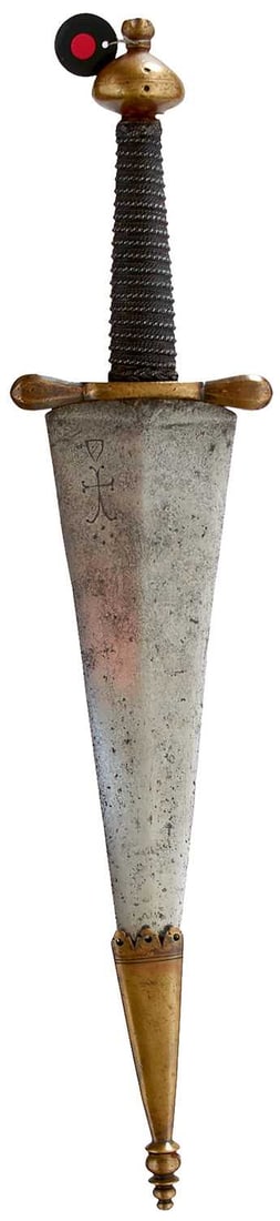 AN ENGLISH DAGGER IN THE EARLY 17TH CENTURY STYLE,: AN ENGLISH DAGGER IN THE EARLY 17TH CENTURY STYLE, 24cm broad flattened diamond section blade incised with a shield and cross maker's mark to either side of the forte, characteristic bronze hilt with 
