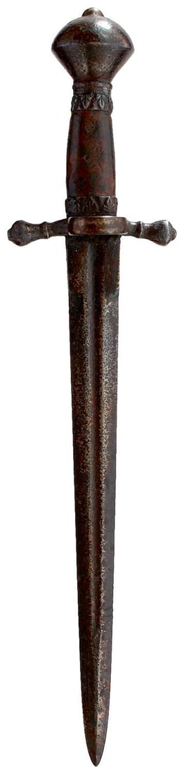 A SAXON LEFT HAND DAGGER IN THE 16TH CENTURY STYLE,: A SAXON LEFT HAND DAGGER IN THE 16TH CENTURY STYLE, 37.5cm flattened diamond section fullered blade with rectangular forte, characteristic hilt with looping fore guard and downturned turned baluster c