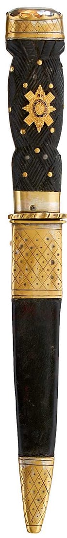 A LARGE SIZED SGIAN DUBH TO THE BLACK WATCH,: A LARGE SIZED SGIAN DUBH TO THE BLACK WATCH, 16.5cm blade with faceted back edge, characteristic plated brass mounted hilt with carved basket weave wooden grip, set with studs and a gilt regimental ba