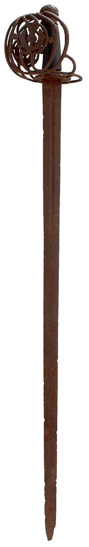 AN 18TH CENTURY SCOTTISH BROADSWORD,: AN 18TH CENTURY SCOTTISH BROADSWORD, 84cm fullered blade, interesting basket hilt composed of scrolling rounded bars with circular windows to either side set with pierced crowned thistles, chequered d