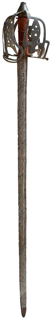 AN 18TH CENTURY BASKET HILTED BACKSWORD TO THE 42ND REGIMENT OR BLACK WATCH,: AN 18TH CENTURY BASKET HILTED BACKSWORD TO THE 42ND REGIMENT OR BLACK WATCH, 76.25cm fullered blade stamped with a crown over GR and partial DRURY maker's stamp, regulation sheet metal hilt composed f