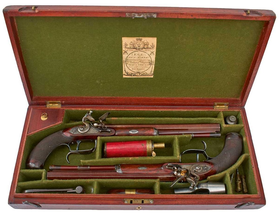 A CASED PAIR OF 32-BORE FLINTLOCK DUELLING PISTOLS BY DURRS EGG (1 of 20)
