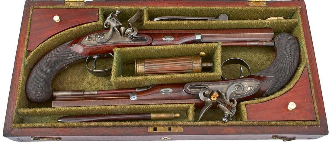 A FINE CASED PAIR OF 20-BORE FLINTLOCK DUELLING PISTOLS BY HENRY NOCK, (1 of 20)