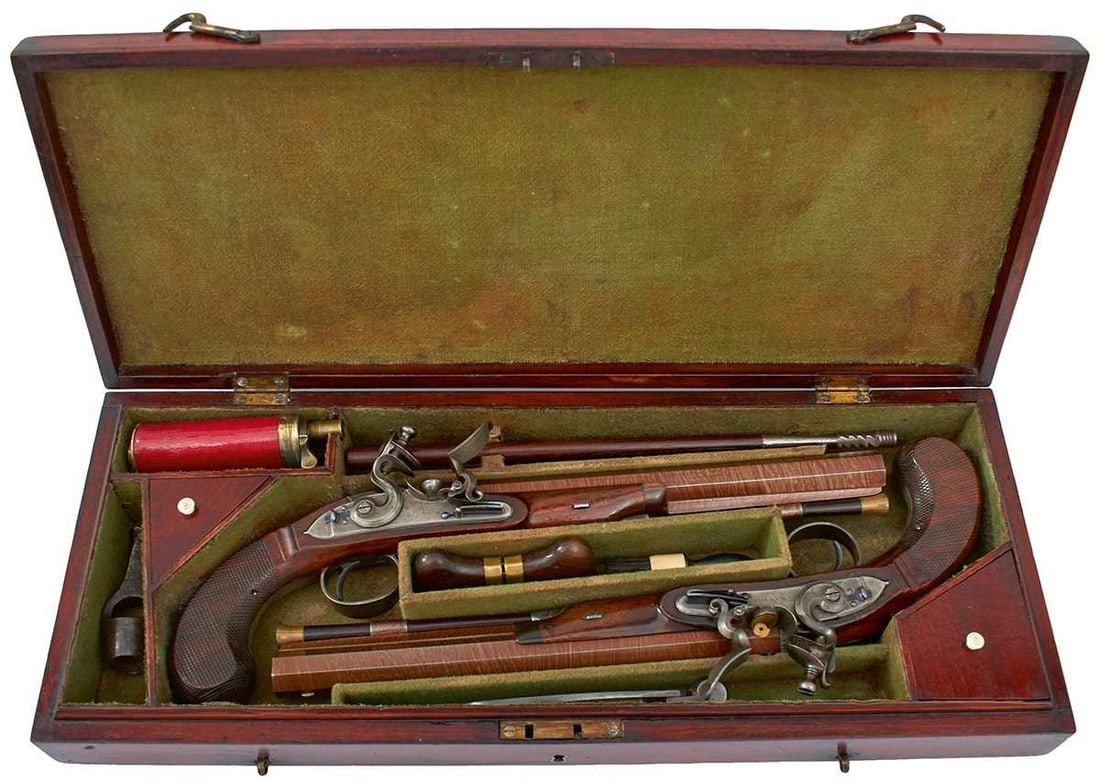 A CASED PAIR OF 24-BORE FLINTLOCK DUELLING PISTOLS BY JOHN MANTON, (1 of 20)