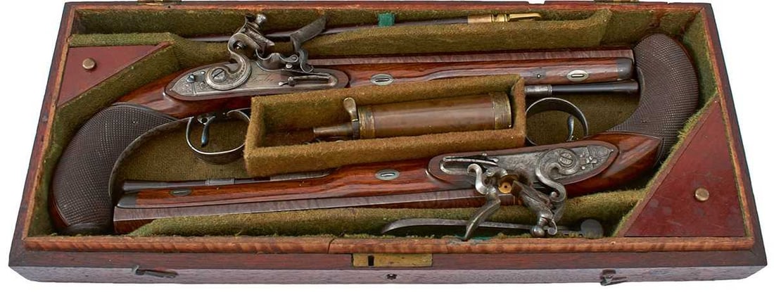 A CASED PAIR OF IRISH 20-BORE FLINTLOCK DUELLING PISTOLS BY FOWLER OF DUBLIN, (1 of 20)