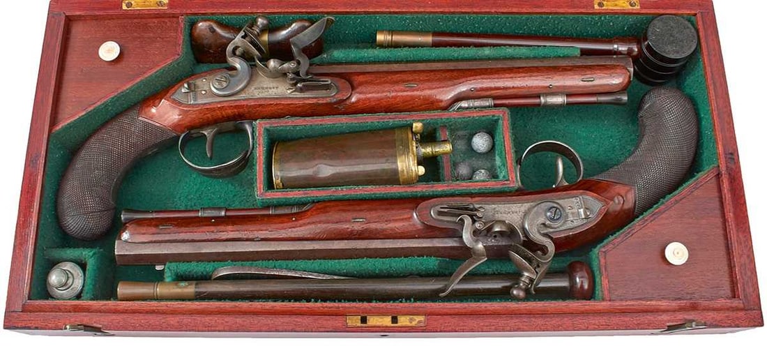 A LATER CASED PAIR OF 22-BORE FLINTLOCK DUELLING PISTOLS BY JOHN BENNETT, (1 of 20)
