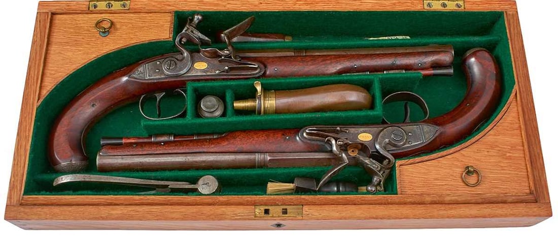 A LATER CASED PAIR OF 22-BORE FLINTLOCK DUELLING OR OFFICER'S PISTOLS BY WILLIAM JOVER & SON, (1 of 20)