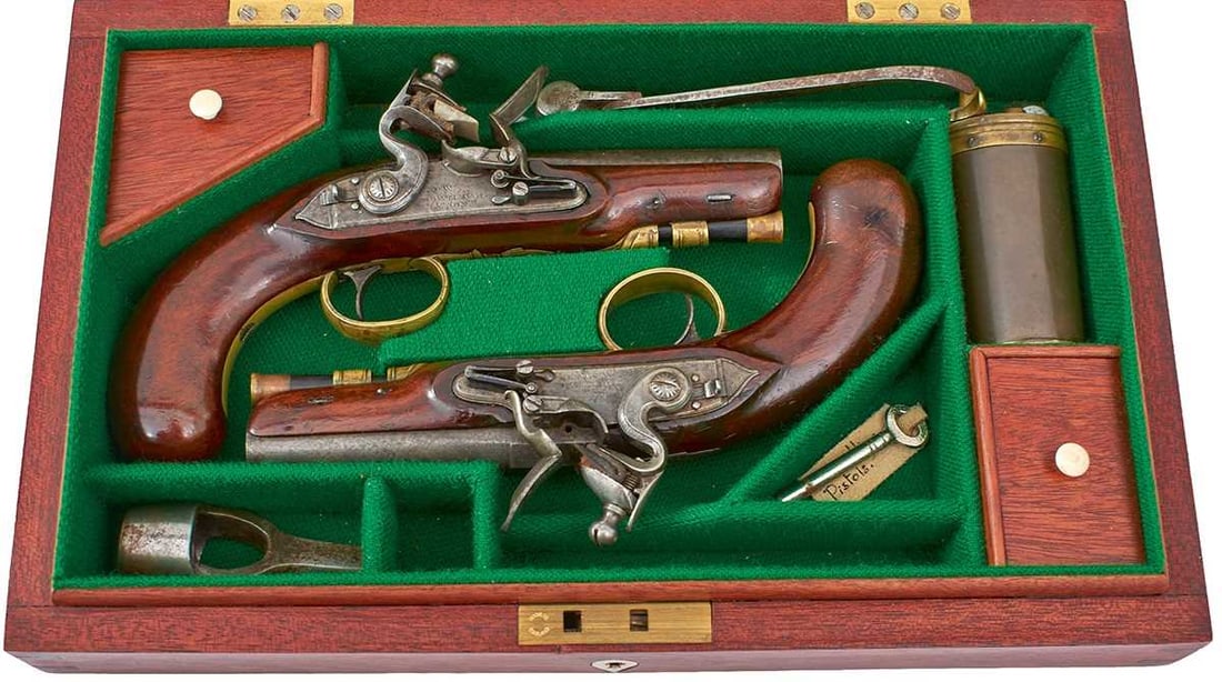 A PAIR OF LATER CASED 42-BORE FLINTLOCK TRAVELLING PISTOLS BY H. W. MORTIMER & SON, (1 of 20)
